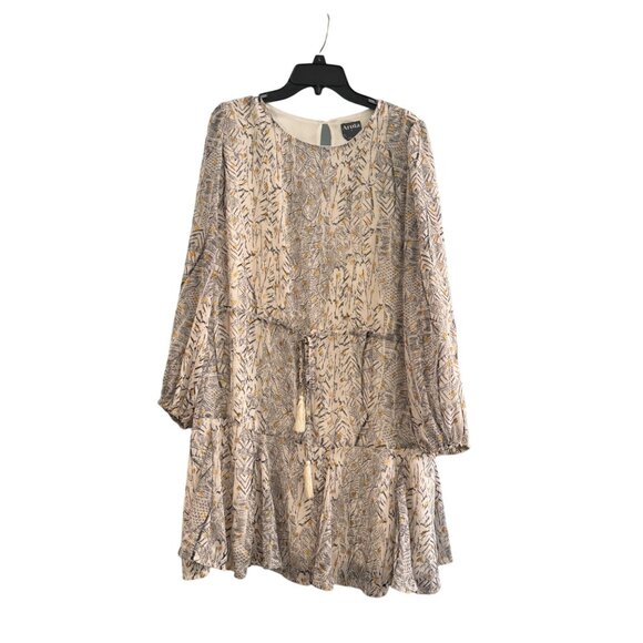 Arula Boho Chic Long Sleeve Dress Size A Beige & Gold Leaf Pattern - Picture 1 of 8